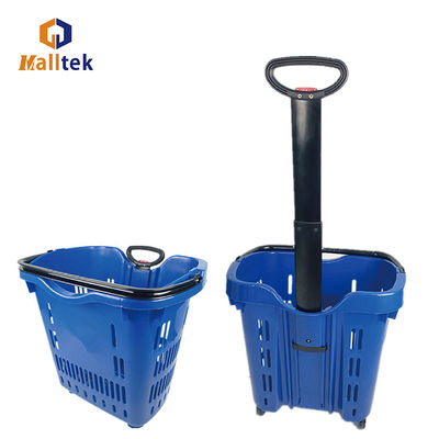 Red Telescopic Handle Plastic Rolling Basket With Two Wheels For Convenience Store